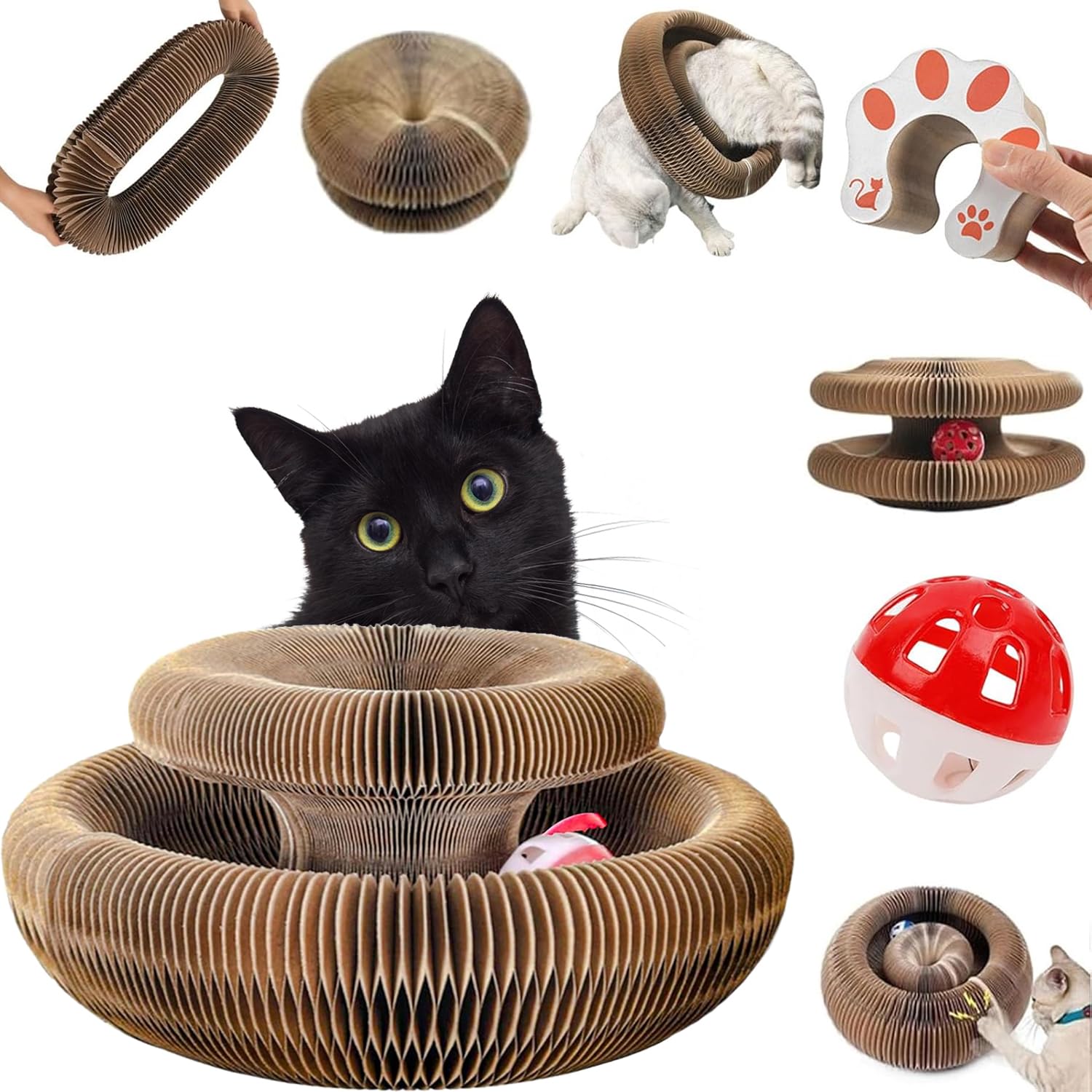 MagicPaws foldable cardboard cat scratcher and toy with built-in ball